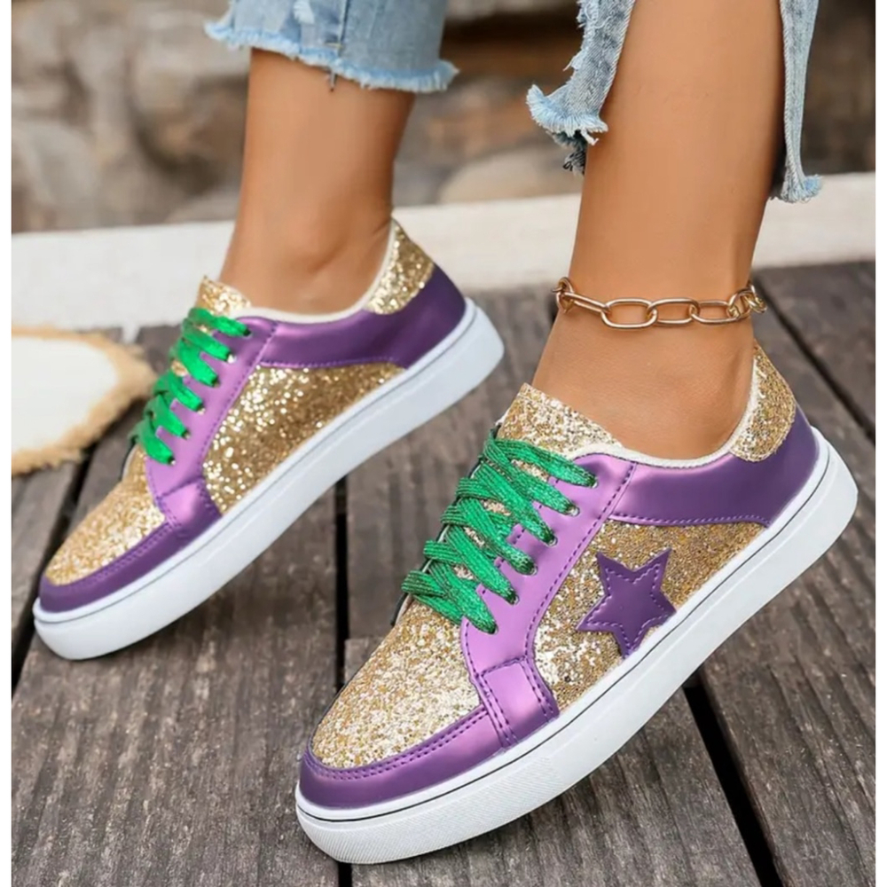 Mardi Gras Glittery Gold & Purple Star Sneakers with Glitter Green Shoestrings - Picture 3 of 5